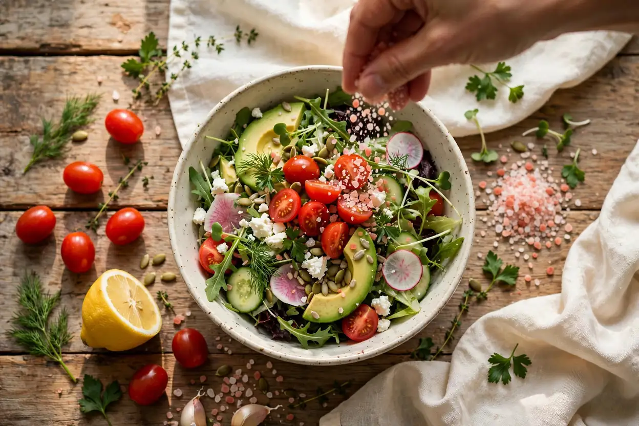 Pink salt on gourmet salad